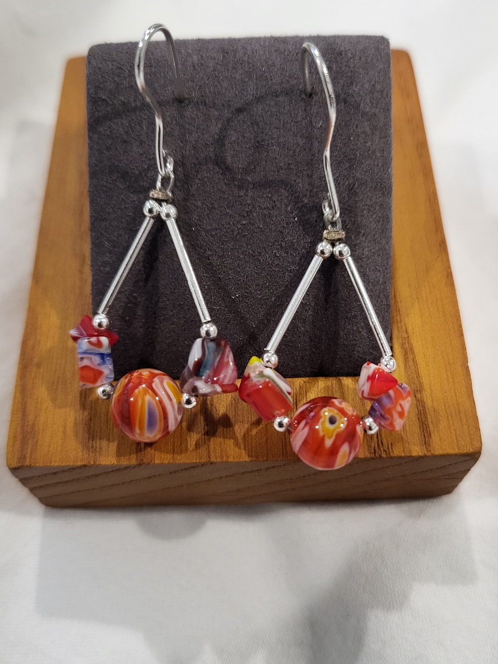 Brand New Millefiori Red Multicolor Glass Bead Drop Earrings